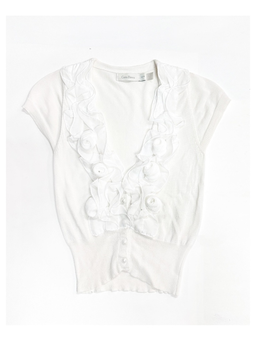 Coquette White Swirl Ruffle Trim Short Sleeve Knit Cardigan w/ Pearl Buttons XS